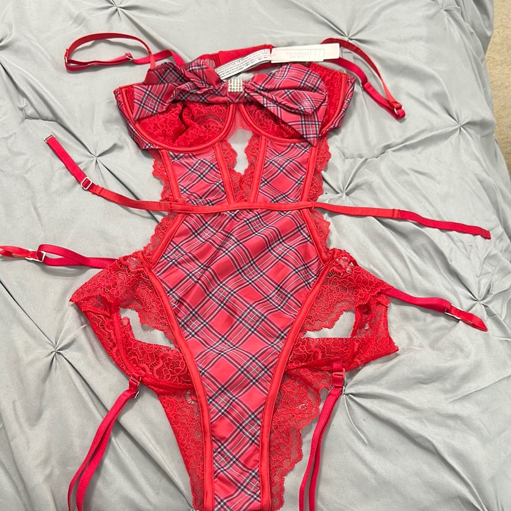 Victoria’s Secret Red Plaid Lace Bodysuit brand new